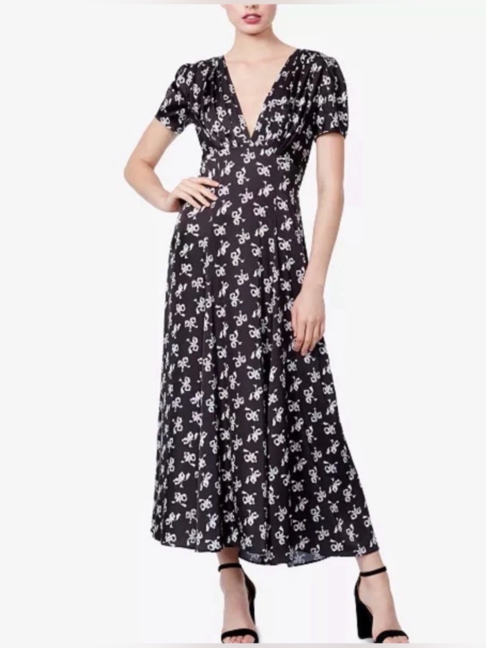 Betsey Johnson Chiffon Midi Dress Short Sleeve Size 10 Bow Girly Fit & Flare